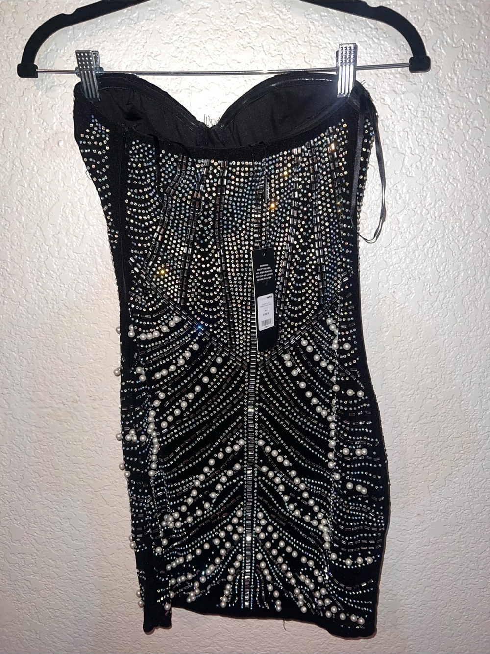 NWT Fashion Nova Black Strapless Rhinestone & Pearl Bodycon Mini Dress - Picture 4 of 5